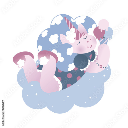 A magical cute unicorn on a cloud with ice cream. Happy. Flat vector illustration. Isolated.