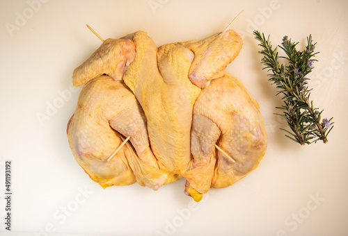 Recipe of raw chicken in American style on white background, crapaudine, High quality photo photo