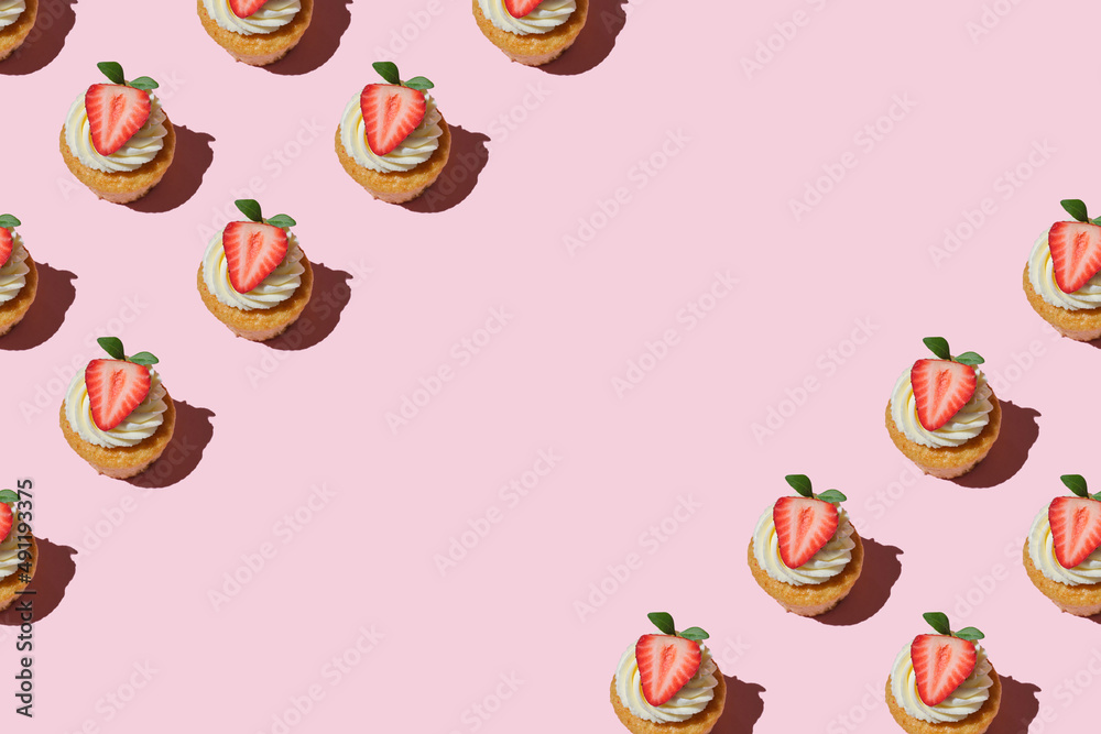 Pattern made of home cookies with strawberries and cream on a pink background. copy space for text, Repeating homemade cookies with strawberries and cream pattern. Flat lay style. Pattern made of home cookies with strawberries and cream on a pink background. copy space for text, Repeating homemade cookies with strawberries and cream pattern. Flat lay style.