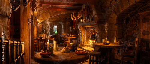 3D illustration wide panorama of a fantasy medieval tavern with food and drink on tables around an open fireplace.
