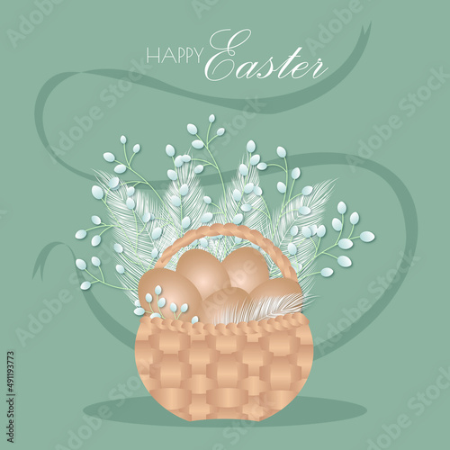 Eggs in a basket with sprigs of flowers and decorative sprigs of feathers, inscription happy easter, postcard for the holiday of easter