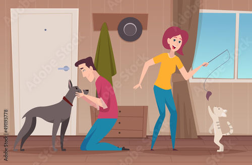 People playing with animals. Happy domestic animals owners funny cats and dogs exact vector cartoon background illustration
