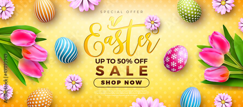 Easter Sale Illustration with Colorful Painted Egg, Spring Flower and Tulip on Yellow Background. Vector Easter Holiday Design Template for Coupon, Web Banner, Voucher or Promotional Poster.