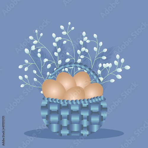 Eggs in a basket with sprigs of flowers and decorative branches of feathers