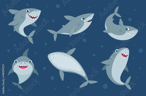 Smile shark. Cartoon cute ocean swimming wild animal funny underwater mascots in various dynamic poses exact vector illustrations