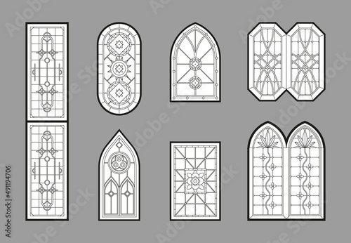 Church windows. Gothic architectural glasses with geometrical decoration medieval ornamental style catholic mosaic portal frames garish vector templates