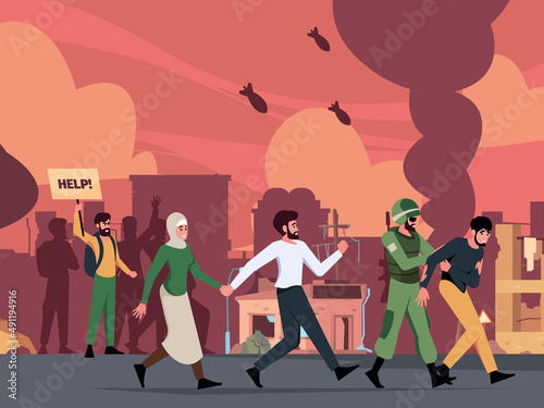 War refugee background. Homeless family going thru customs border immigration crying people garish vector cartoon colored illustration