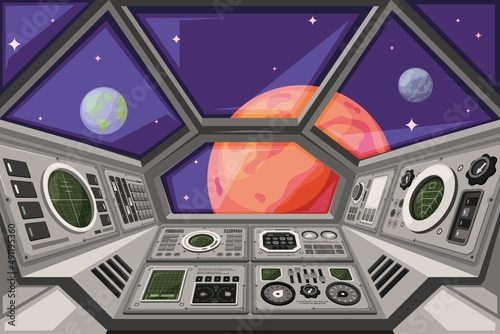 Spaceship cabin. Futuristic interface of spacecraft with user dashboard panels controlling systems garish vector cartoon background