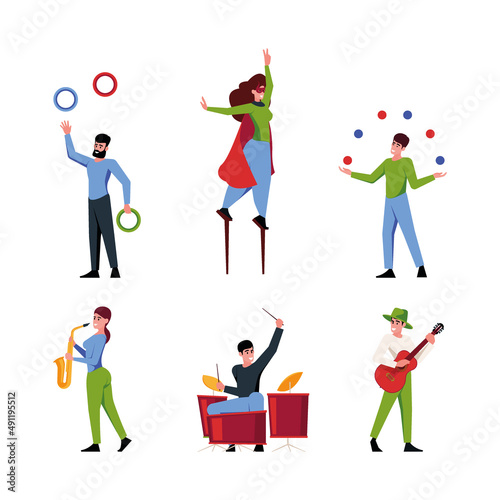 Street performance. Acrobats jumps magician fire shows musicians dancers graffiti artists clowns on stilts walking on urban festival garish vector flat characters