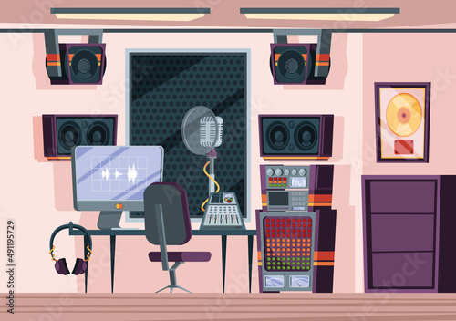 Music record studio. Interior with acoustic walls and sound production instruments microphone speaker amplifier radio mixer garish vector background