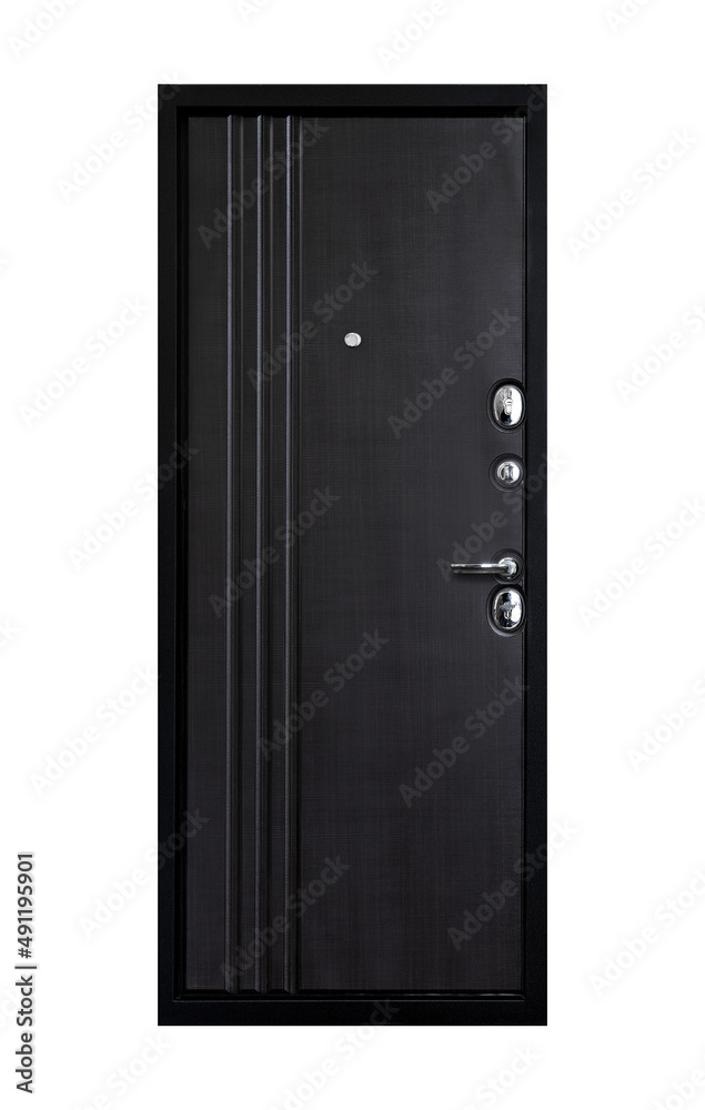 Metal front door in black color isolated on white background