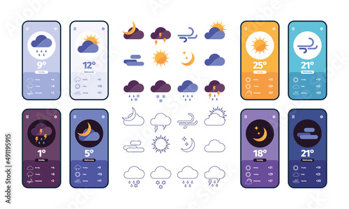 Weather ui app. Smartphone dashboard with system icons sun rain and clouds garish vector illustrations