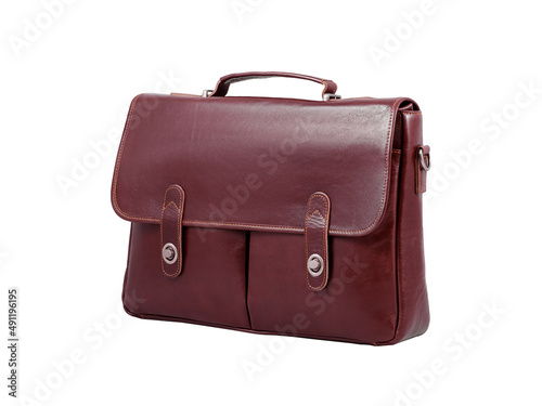 Brown leather briefcase in retro style isolated on white background
