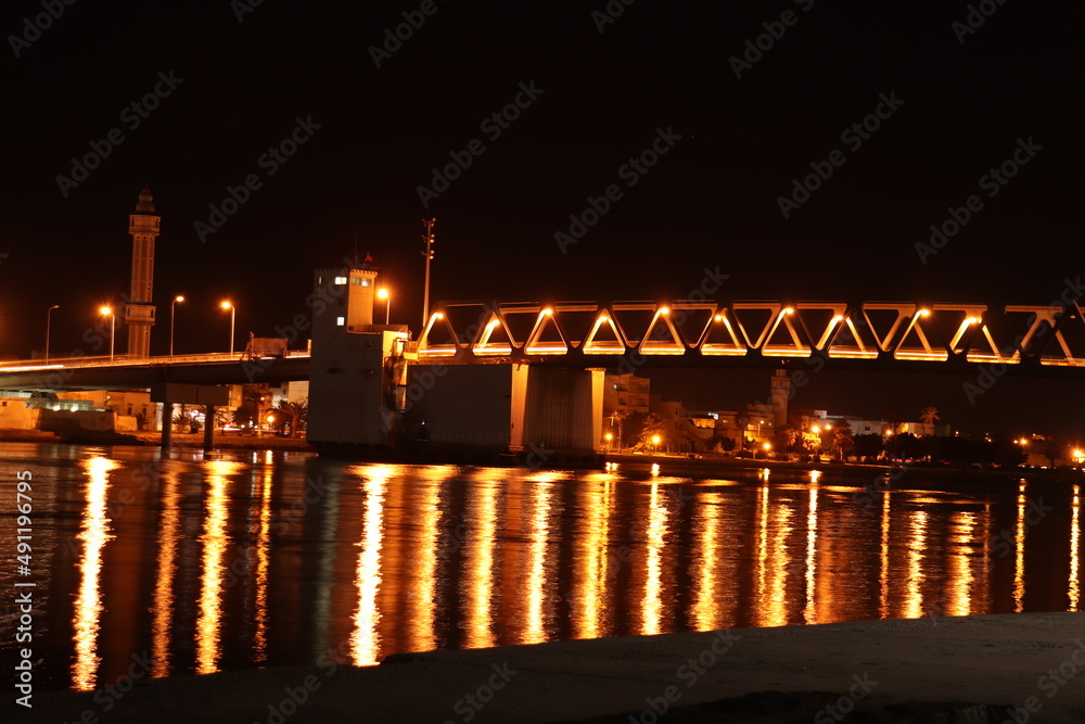 Light reflection of Bizerte bridge on the sea (long exposure)