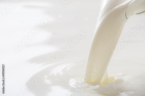 収穫した新鮮なミルクを注ぐ、牛乳 photo