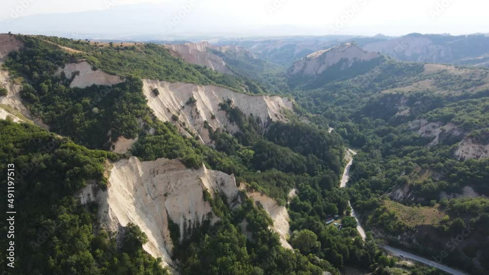 Aerial sunset view of Rozhen sand pyramids, Blagoevgrad region, Bulgaria Aerial sunset view of Rozhen sand pyramids, Blagoevgrad region, Bulgaria