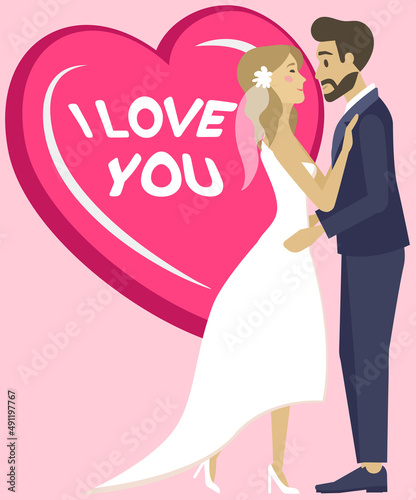 Wedding greeting card template, vector illustration. Happy newlywed hugging couple, bride and groom. Cheerful poster with marriage wife and husband, text i love you. Wedding ceremony romantic quote