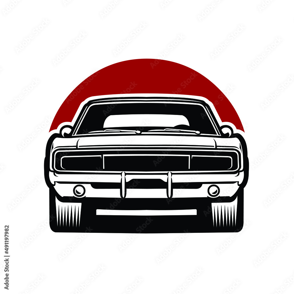 Vector illustration of classic American muscle car front view isolated on white background