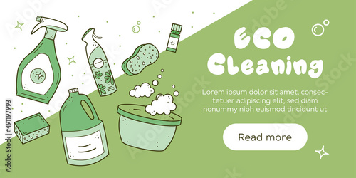 Eco friendly cleaning service landing page template. Liquid detergents in bottle, sponge, aroma oil, air freshener, basin with foam. House cleaning banner background. Vector illustration sketch style