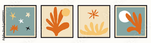 Hand drawn contemporary art posters set. Matisse inspired collection of floral and sky elements. Modern minimalist vector illustrations