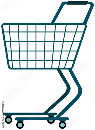 Side view empty supermarket shopping trolley. Grocery cart on wheels with handle to hold. Device for transportation of products, food in store. Food cart for shopping isolated on white background