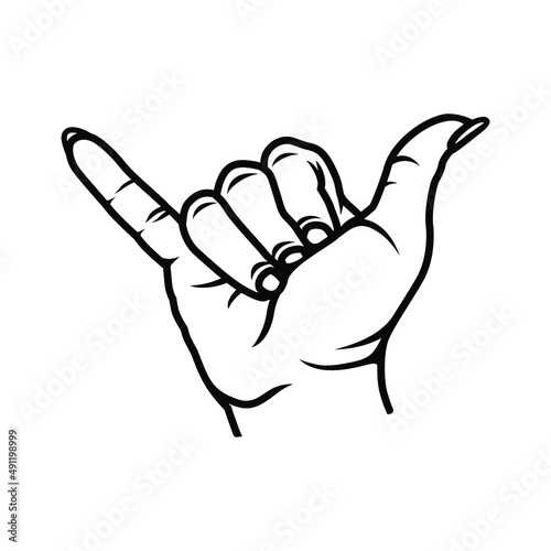 Shaka hand, on white background. Design element for logo, poster, card, banner, emblem, t shirt. Vector illustration