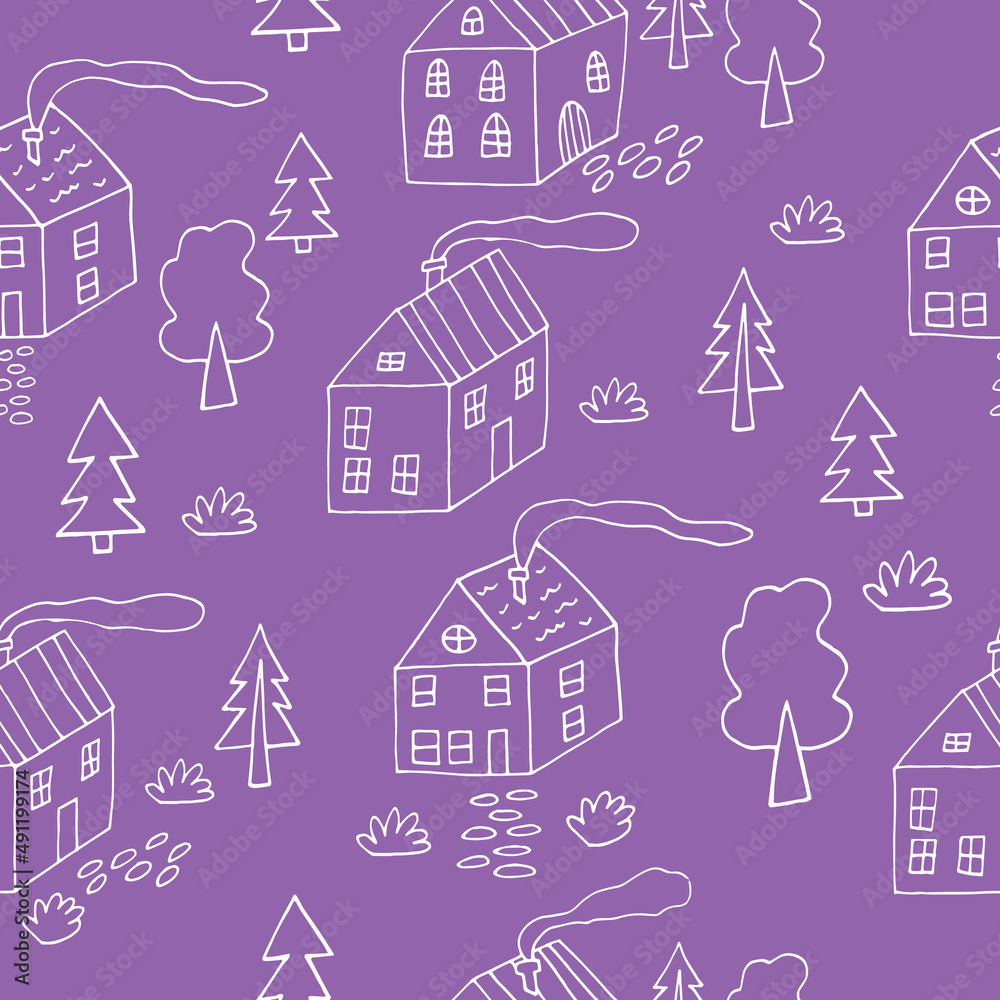 houses and trees seamless pattern. city street vector illustration hand drawn in doodle line art style.