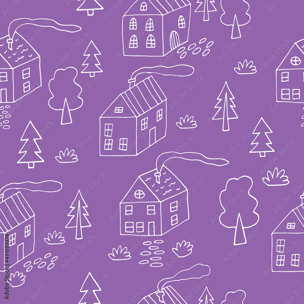 houses and trees seamless pattern. city street vector illustration hand drawn in doodle line art style. houses and trees seamless pattern. city street vector illustration hand drawn in doodle line art style.