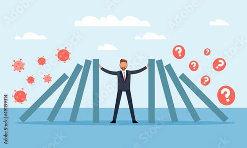 Blocking destruction. Questions and problems. COVID-19 crisis in economic and life, businessman trying to hold falling domino, consequences of lockdown, vector cartoon flat concept