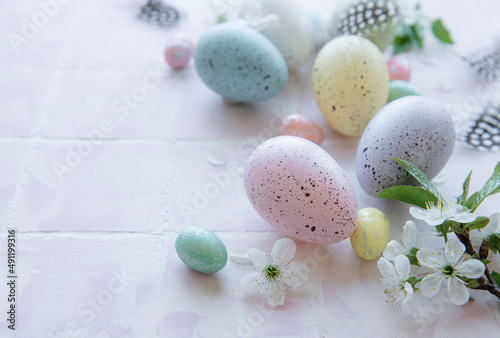 Colorful Easter eggs on tile background