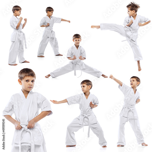 Collage of little boy, child in white kimono practising, training martial arts, karate isolated over white background