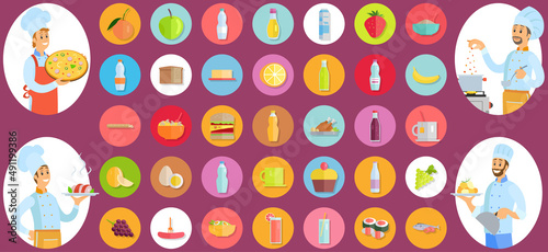 People preparing dish, meal. Chefs work with kitchen equipment to prepare food. Male characters fry with pan, cut vegetables, mix, add ingredients of dish. Set of chefs creating restaurant meal