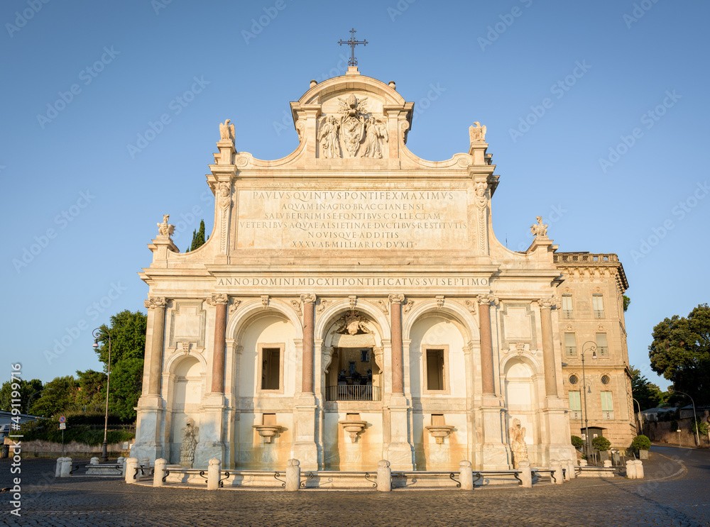 Aqua Paola Fountain, or Il Fontanone, a famous monumental public fountain built by the Pope in the Renaissance, sits across the Janiculum hill panorama in Rome, Italy