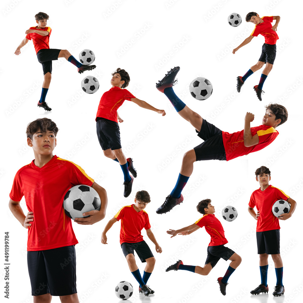Collage. Portraits of teen boy, football player in red uniform training, posing isolated over white background