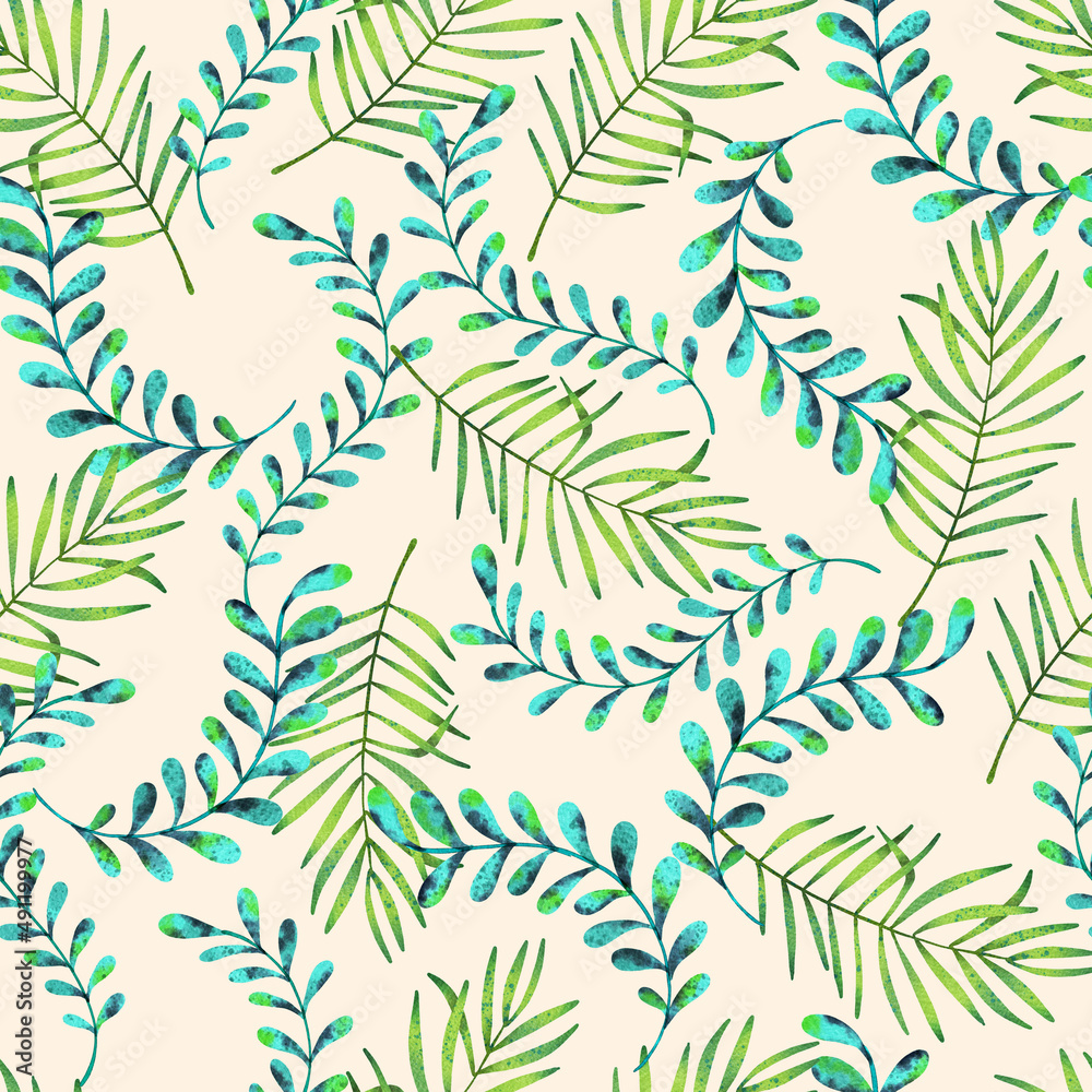 Summer Cool Palm Leaves Watercolor Seamless Pattern