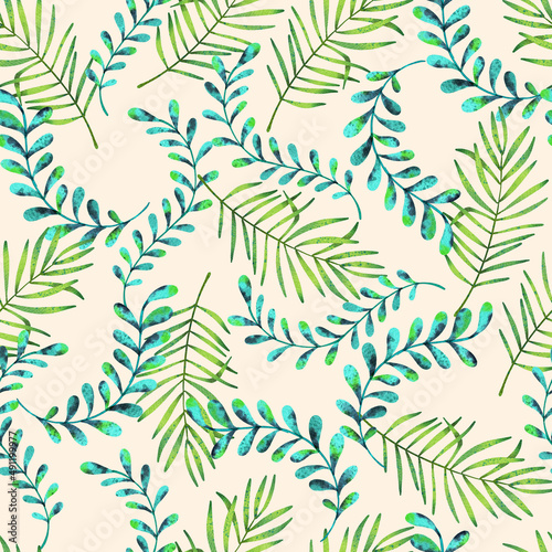 Summer Cool Palm Leaves Watercolor Seamless Pattern