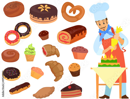 Best chef logo chef making cream cake. Male confectioner holding pastry bag. Smiling man apron preparing dessert, adding cream to cake. Chef works with kitchen equipment to prepare sweet food, dessert