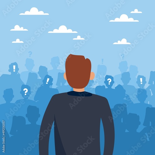 Leader listens. Communication with subordinates, boss speaks to crowd, colleagues discussion on meeting, feedback of customers and team, protest and disagreement of people, vector concept