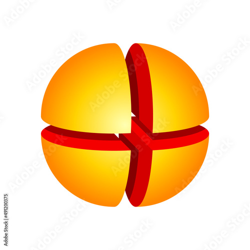 3D Quartered Sphere. Yellow and orange sphere sliced into quarters. Abstract geometric circular shape. Structure of the sun concept. Volume of a Quarter Sphere. Math. Vector illustration, clip art. 