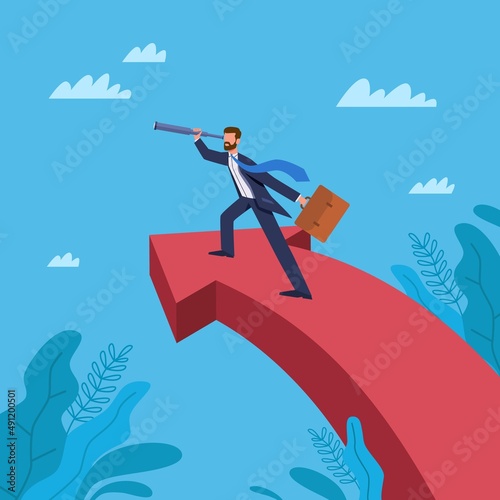 Planning business growth, career advancement. businessman looking through telescope, standing on red arrow. Choice of strategy and future, path to achieving goals. Vector concept