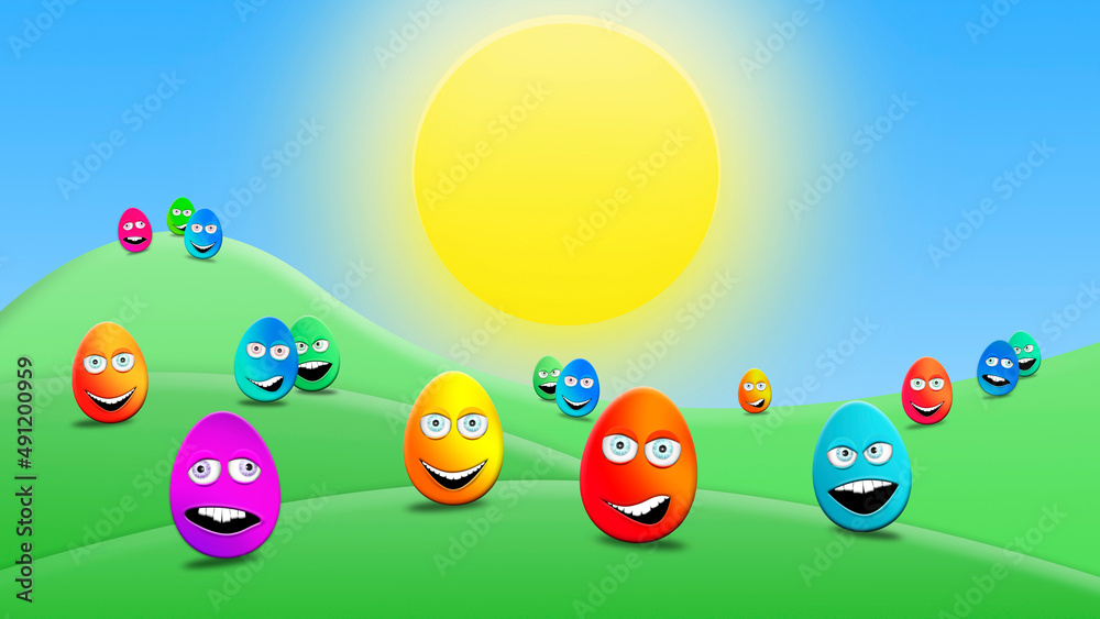 Easter eggs in the green fields with yellow sun in the sky illustration Easter eggs in the green fields with yellow sun in the sky illustration