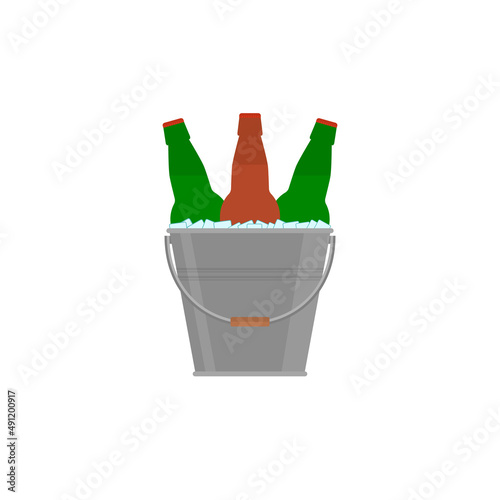 Metal bucket with beer bottles and ice cubes. Isolated vector illustration on white background.