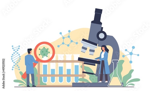 Scientists with magnifying glass and microscope. Bacteriological laboratory, studying viruses, microbiology and chemistry, drug and vaccine development, vector cartoon flat concept