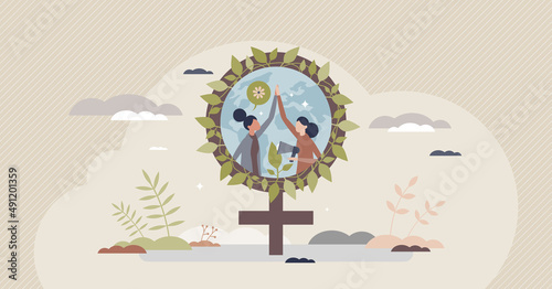 Ecofeminism as feminism with ecological activity effort tiny person concept. Woman union and team to fight for rights and equality vector illustration. Environmental woman movement to protect nature.