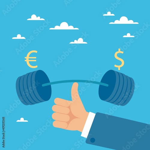 Strength and balance of currencies. Good exchange rate, investing in dollar and euro, trader and stock broker, buying and selling on global market, vector cartoon flat concept