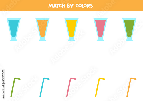 Color matching game for preschool kids. Match cocktails and drinking straws by colors.