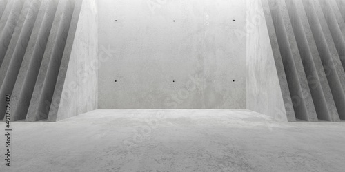 Abstract empty, modern concrete walls room with indirect ceiling light opening in the back and sliced upward sloped walls in the back - industrial interior background template