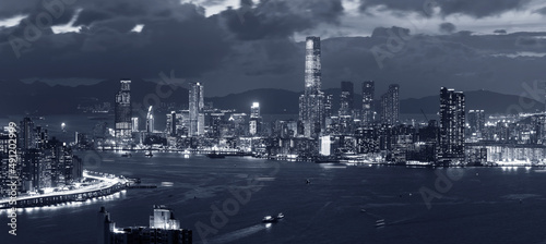 Panorama of Victoria harbor of Hong Kong city at night