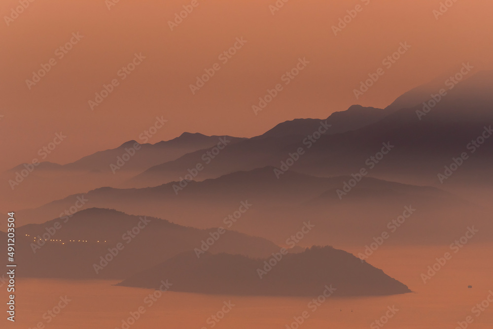 Idyllic landscape of silhouette of Lantau Island in Hong Kong