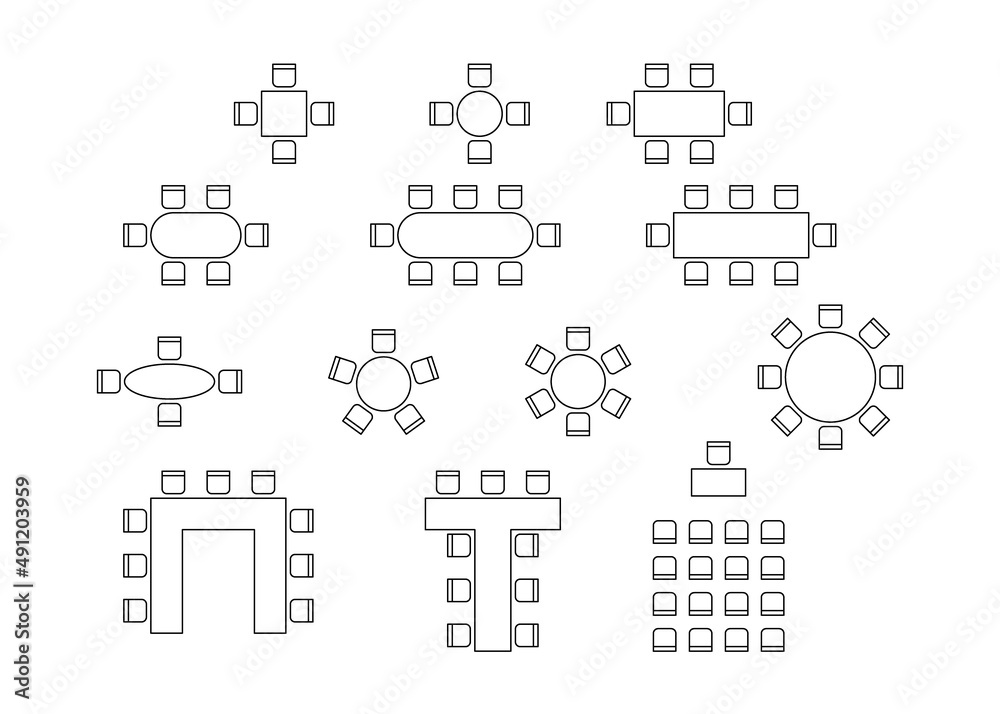 Set of plan for arranging seats in interior, layout graphic outline elements. Chairs and tables icons in scheme architectural plan. Office and home furniture, top view. Vector line illustration - obrazy, fototapety, plakaty 